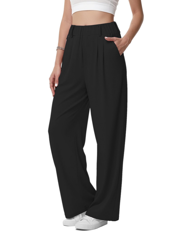 Blythe Pantalon Palazzo Femme Taille Haute Élastique Jambes Larges avec Poches, vue 4