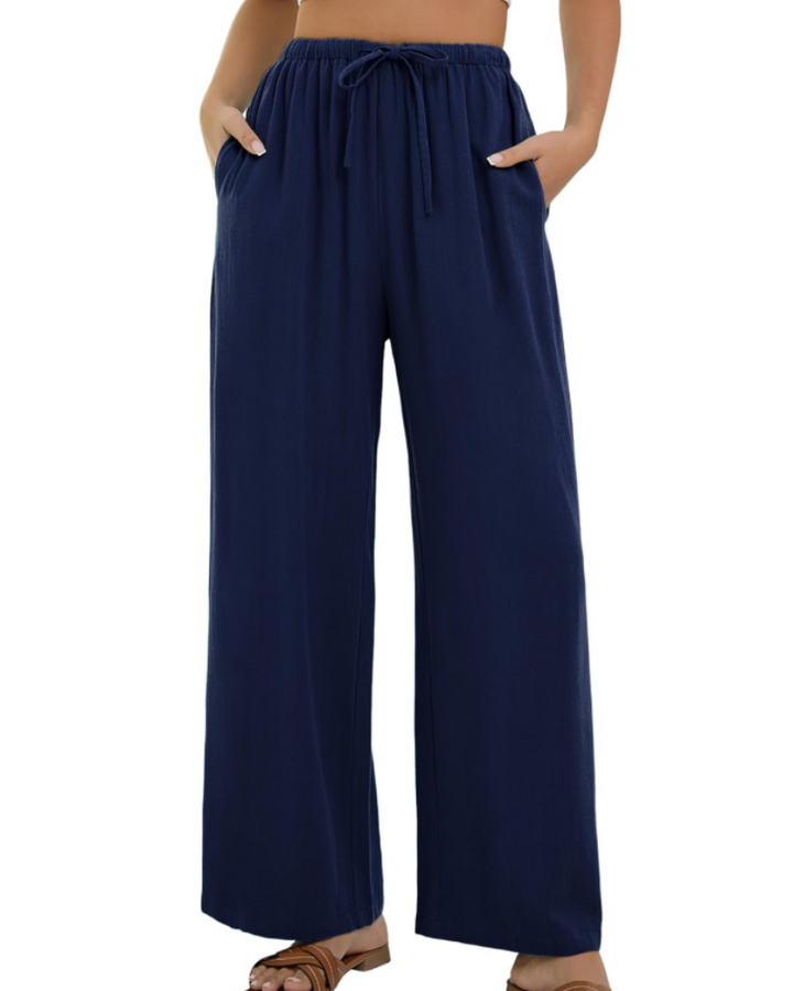 Merritt Pantalon Femme Lin & Coton Taille Haute Élastique Jambes Larges avec Poches, vue 9