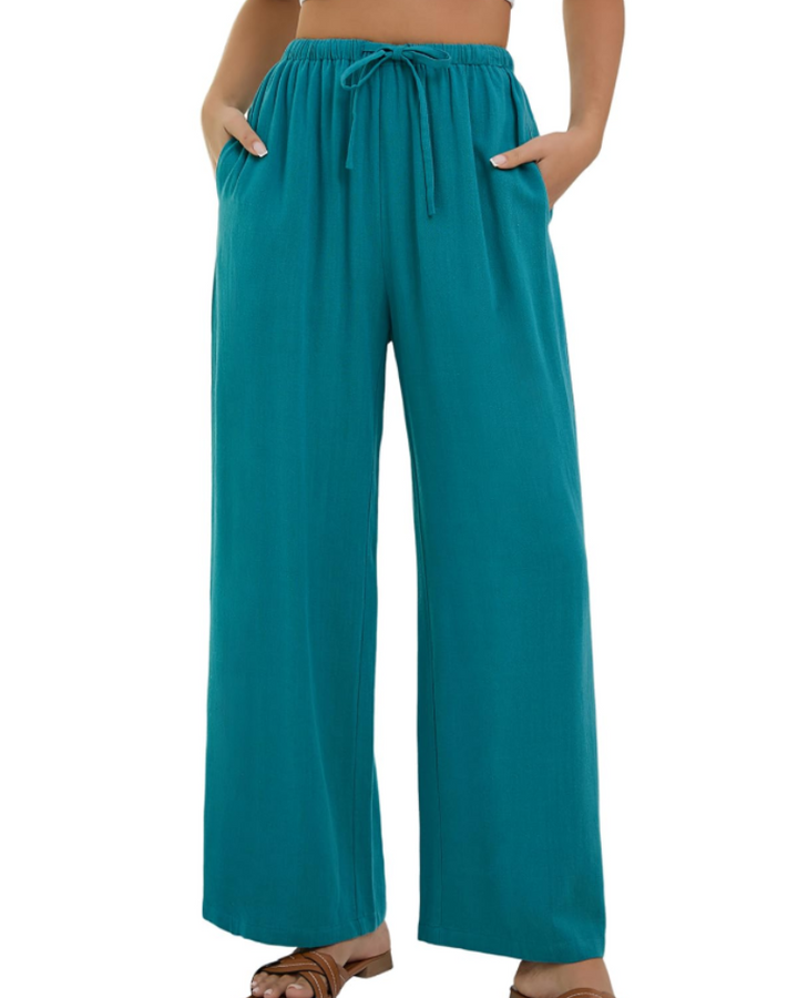 Merritt Pantalon Femme Lin & Coton Taille Haute Élastique Jambes Larges avec Poches, vue 2