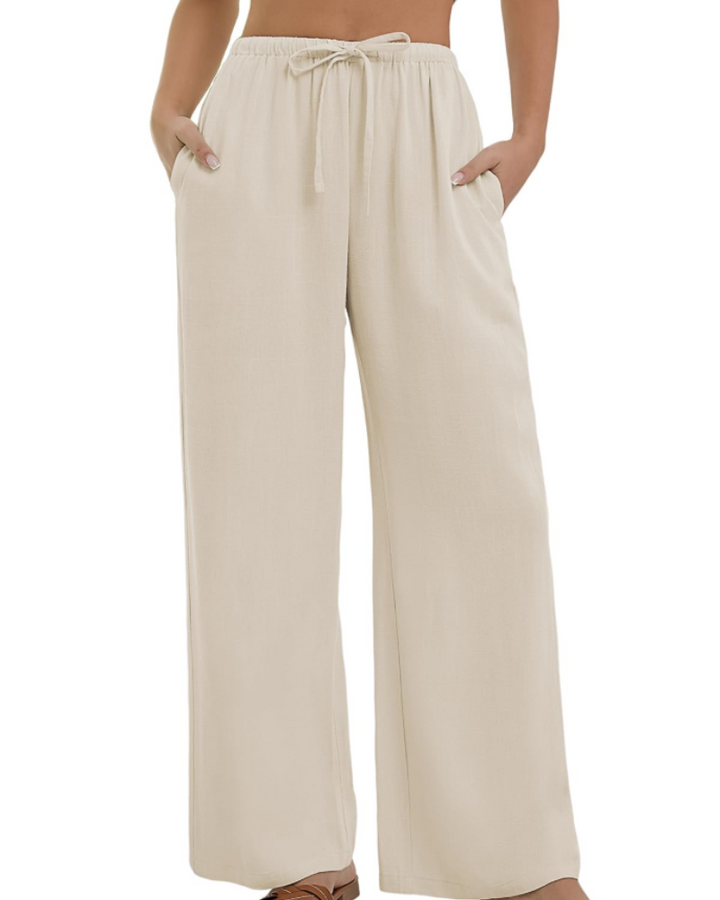 Merritt Pantalon Femme Lin & Coton Taille Haute Élastique Jambes Larges avec Poches, vue 8