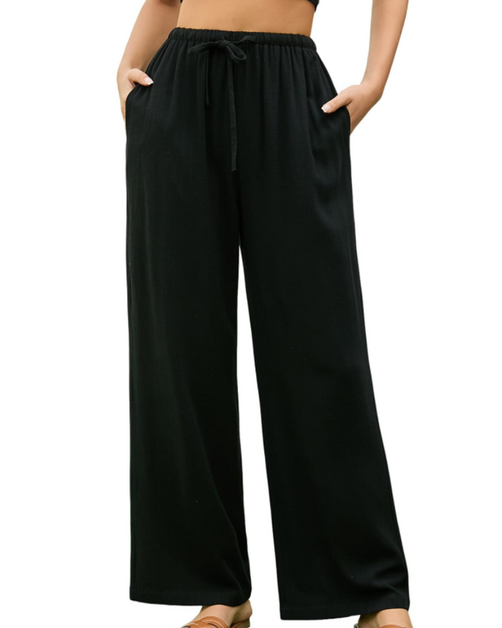 Merritt Pantalon Femme Lin & Coton Taille Haute Élastique Jambes Larges avec Poches, vue 10