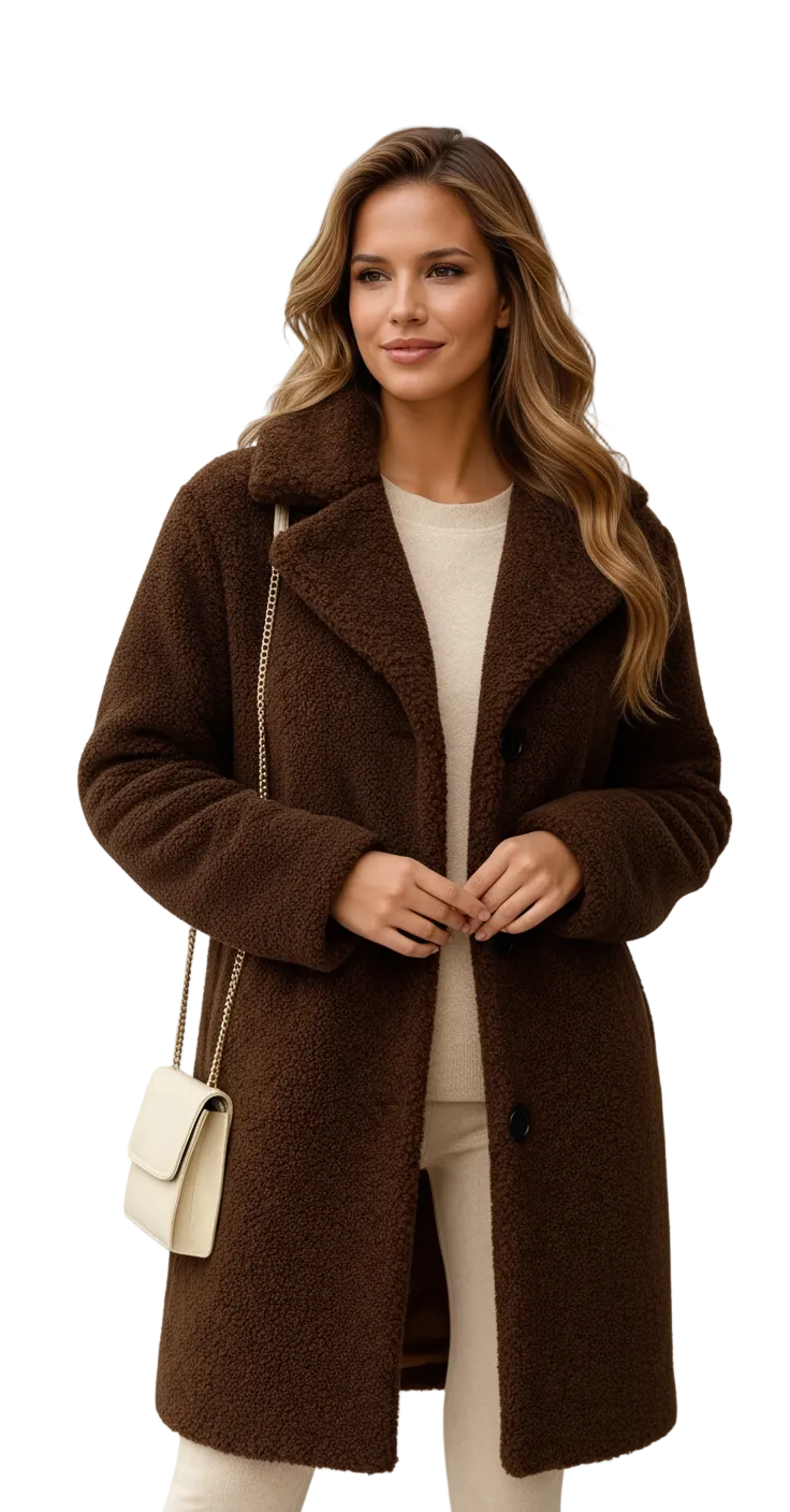 Mayleen Manteau Teddy Femme Veste Douce et Chaude avec Col Revers et Fermeture à Boutons