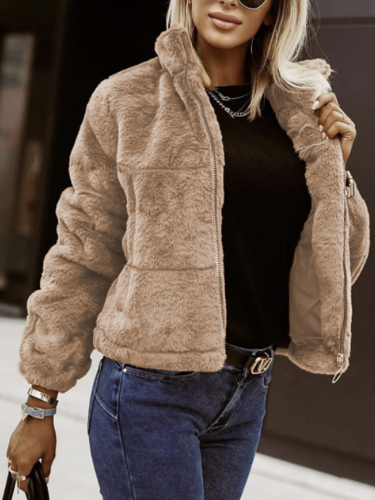 Terry Veste Teddy Femme Manteau Hiver Doux avec Col Haut & Coupe Moderne Zippée, vue 5