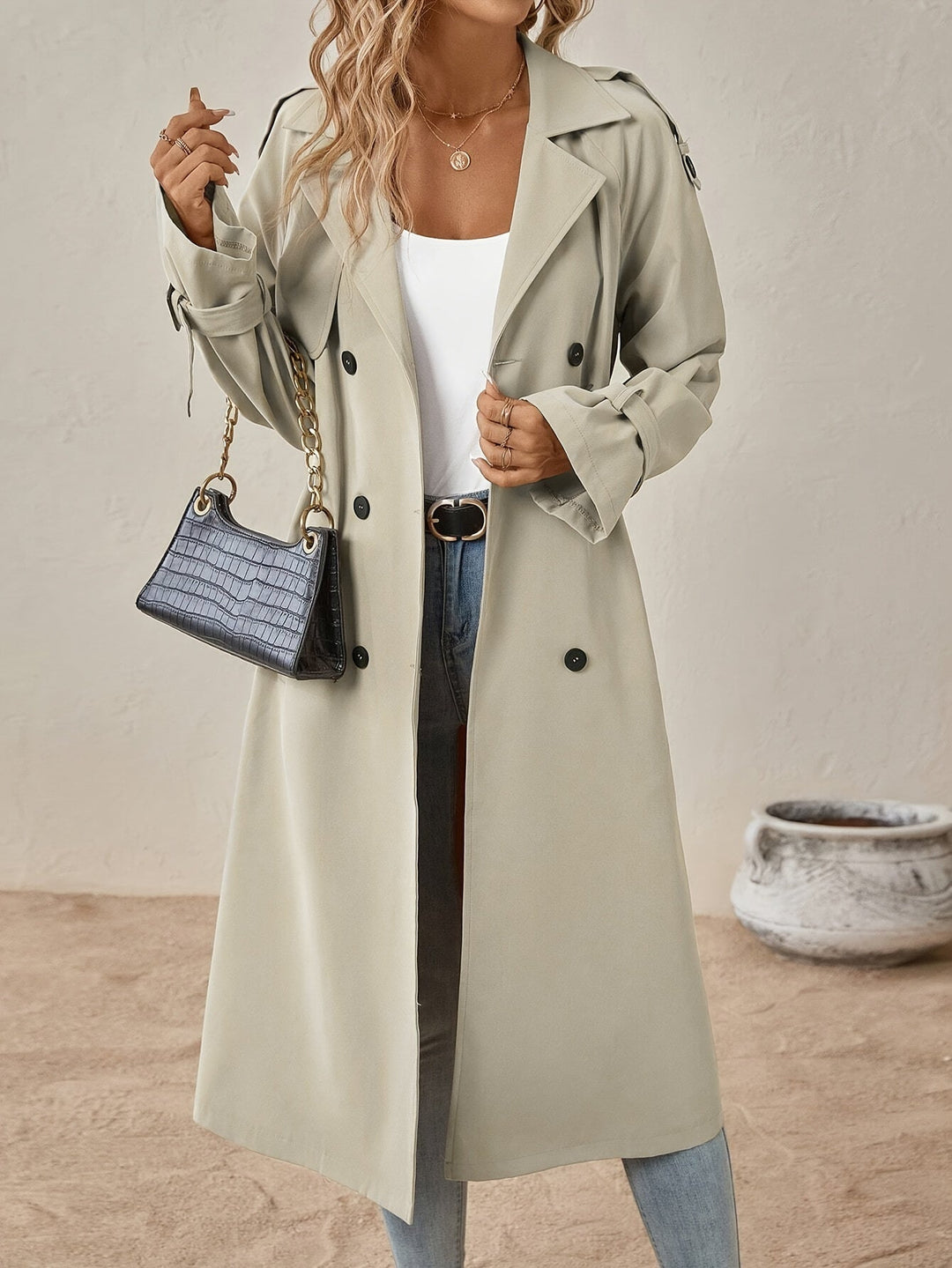 Eshita Trench pour femme Manteau long élégant en mélange de coton avec coupe structurée & fermeture à boutons, vue 3