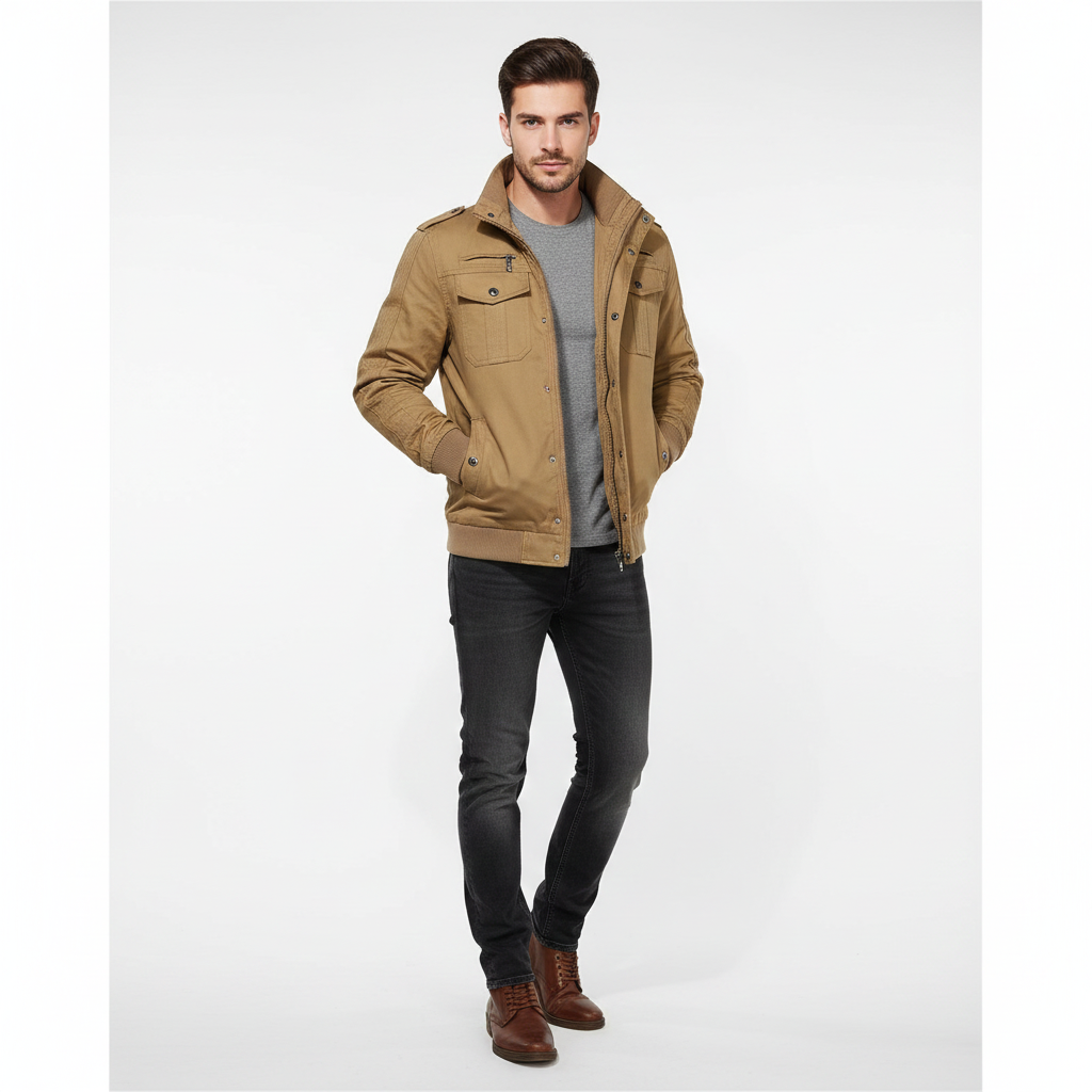 Aiden Blouson Aviateur Homme Veste Pilote Chaude avec Doublure Polaire & Col Montant