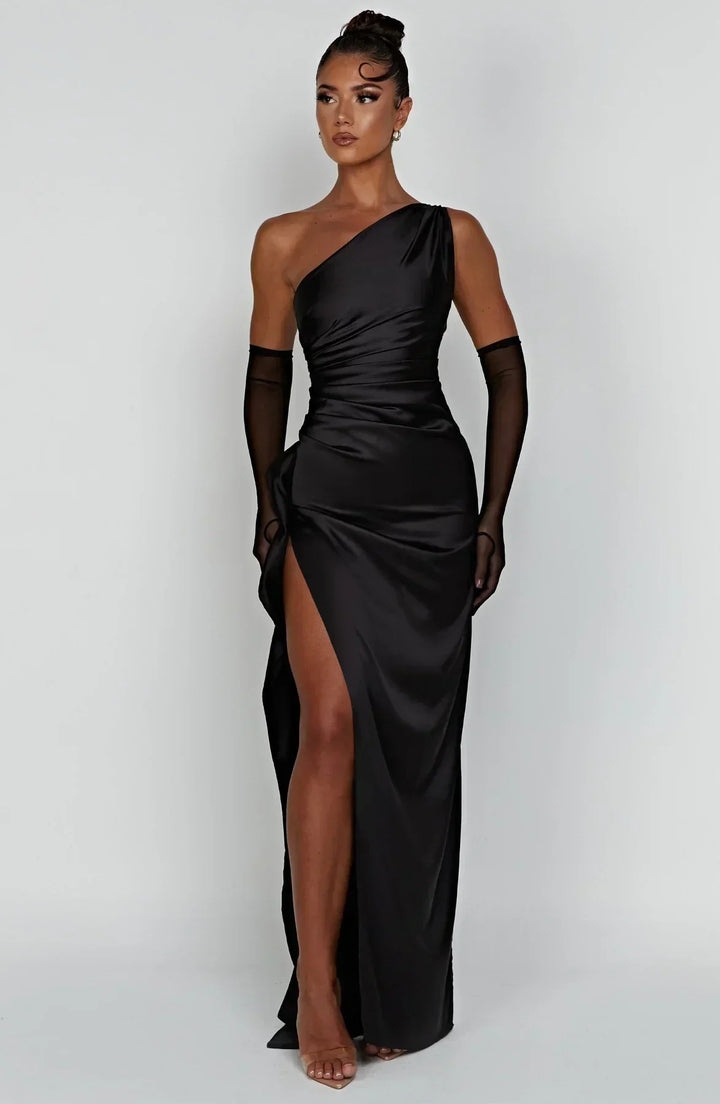 Moellesa | Robe longue plissée satinée à une épaule pour femmes