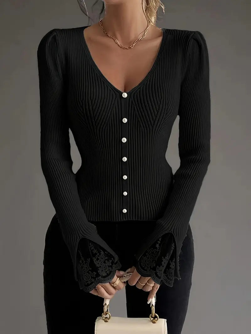Pull à Col en V et Côtes pour femme, vue 4