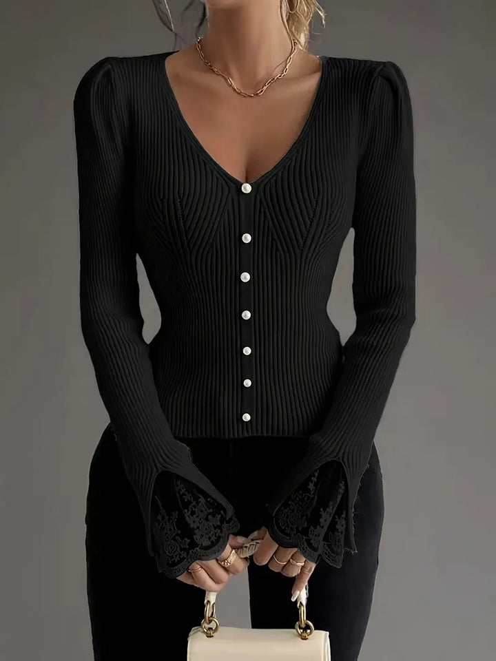 Pull à Col en V et Côtes pour femme, vue 4