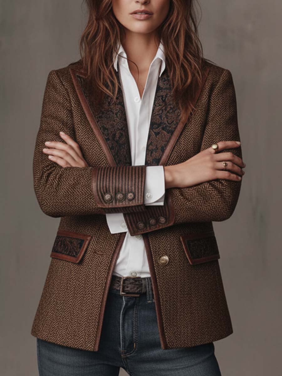 Women's Herringbone Blazer – Elegant Brown Tweed Jacket for Fall