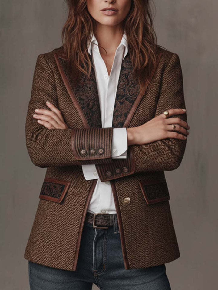 Women's Herringbone Blazer – Elegant Brown Tweed Jacket for Fall