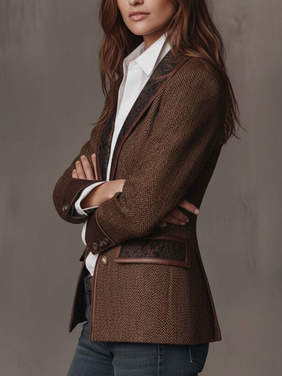 Women's Herringbone Blazer – Elegant Brown Tweed Jacket for Fall