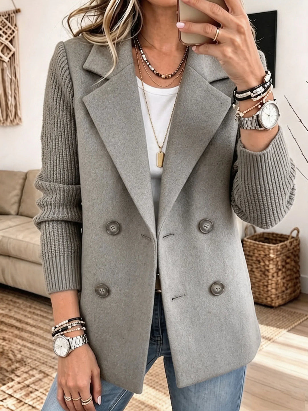 Blazer Élégant Femme à Manches en Maille – Veste Habillée pour le Bureau