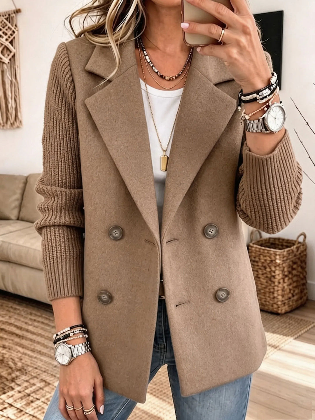Blazer Élégant Femme à Manches en Maille – Veste Habillée pour le Bureau