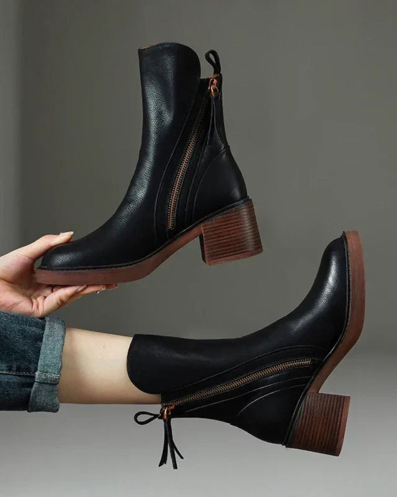 Women's Leather Ankle Boots with Block Heel – Comfortable Round-Toe Boots with Side Zip