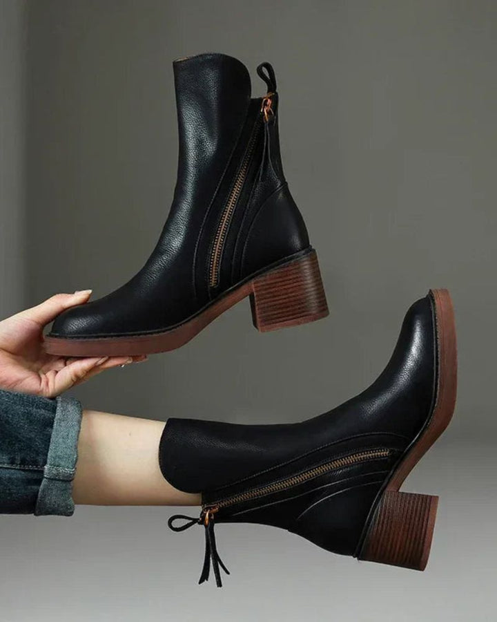 Women's Leather Ankle Boots with Block Heel – Comfortable Round-Toe Boots with Side Zip