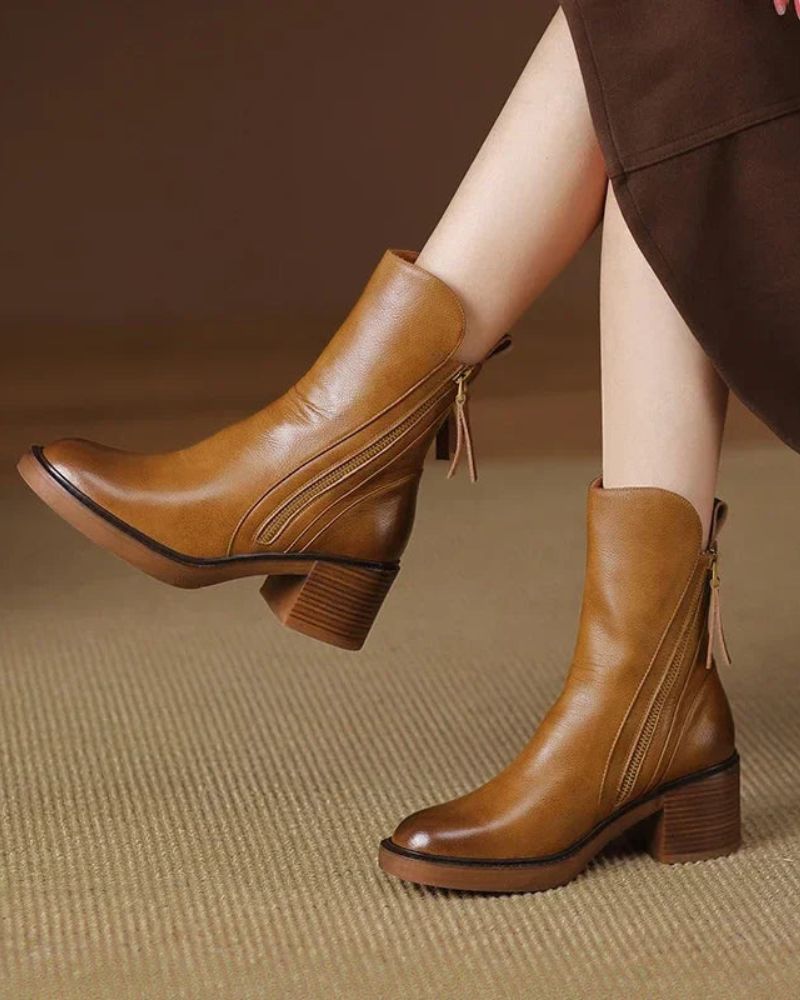 Women's Leather Ankle Boots with Block Heel – Comfortable Round-Toe Boots with Side Zip