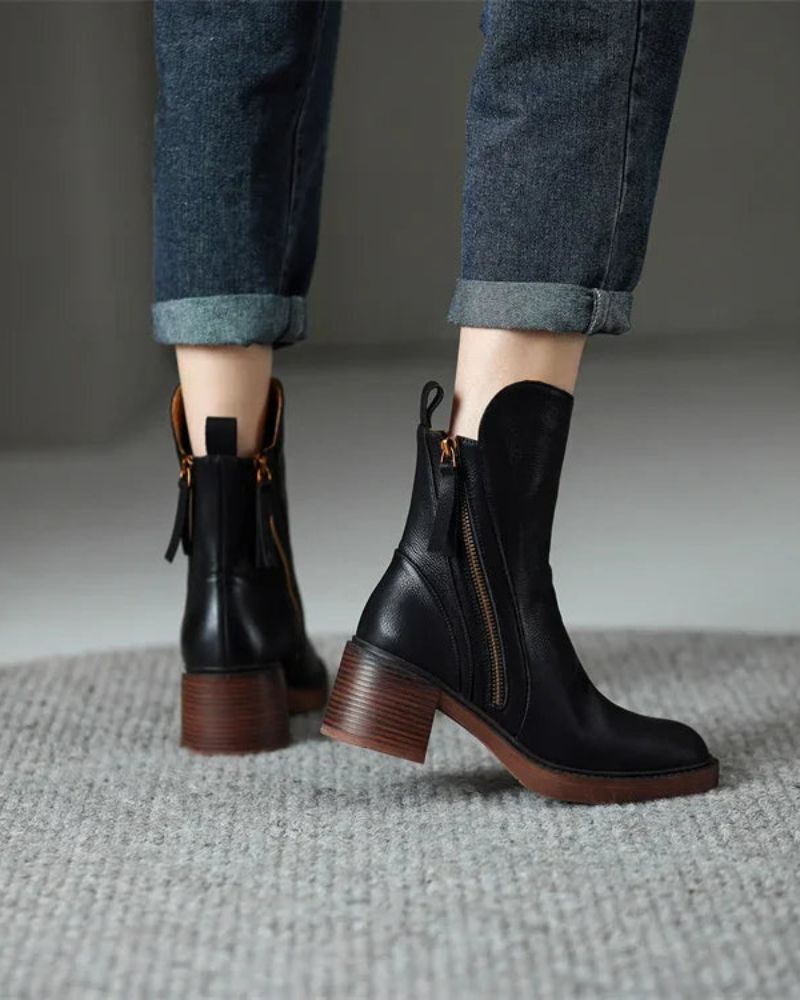 Women's Leather Ankle Boots with Block Heel – Comfortable Round-Toe Boots with Side Zip