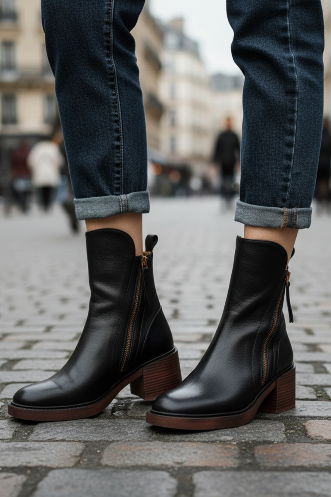Women's Leather Ankle Boots with Block Heel – Comfortable Round-Toe Boots with Side Zip