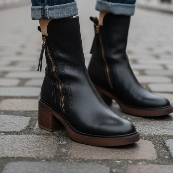 Women's Leather Ankle Boots with Block Heel – Comfortable Round-Toe Boots with Side Zip