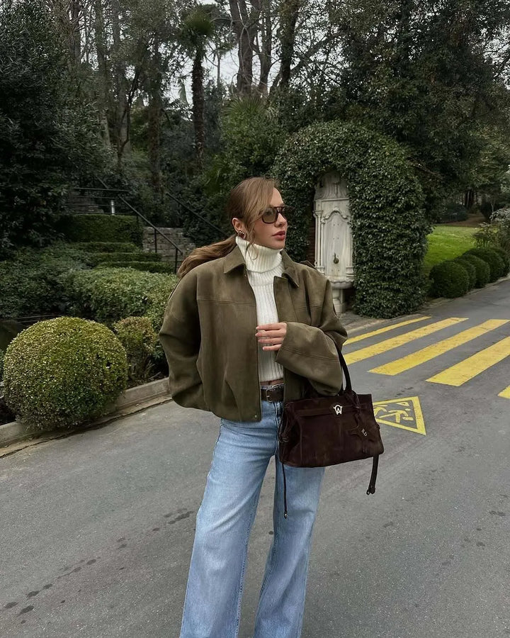 Isla Veste Femme en Daim Blouson Oversize Élégant avec Coupe Moderne & Confort Doux