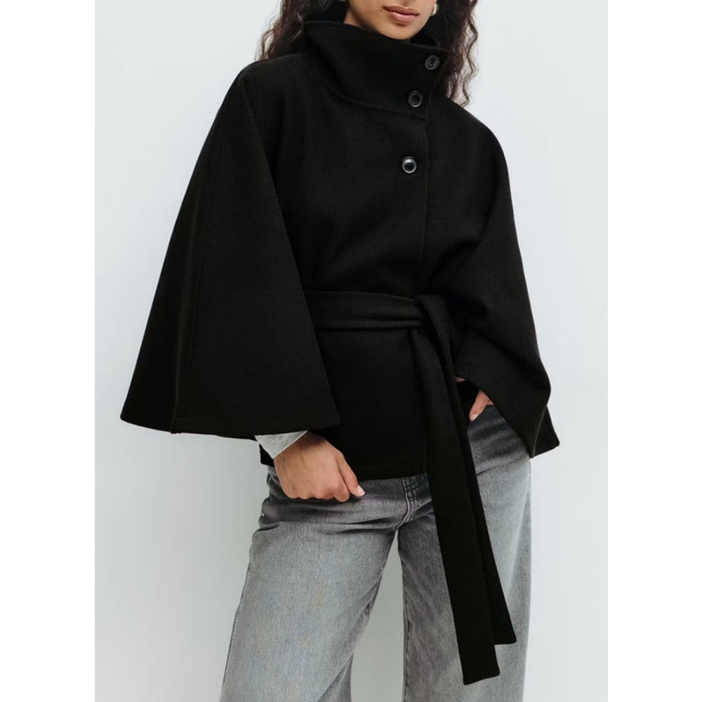 Charlotte Manteau Cape Femme Col Haut & Ceinture Ajustable pour Élégance et Chaleur Hivernale, vue 6