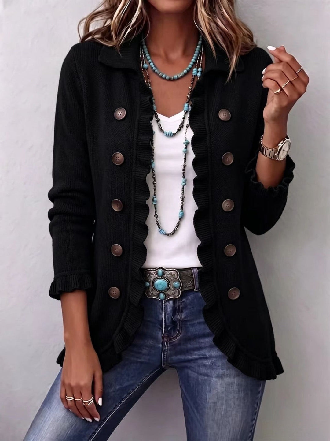 Veste côtelée femme noire à volants