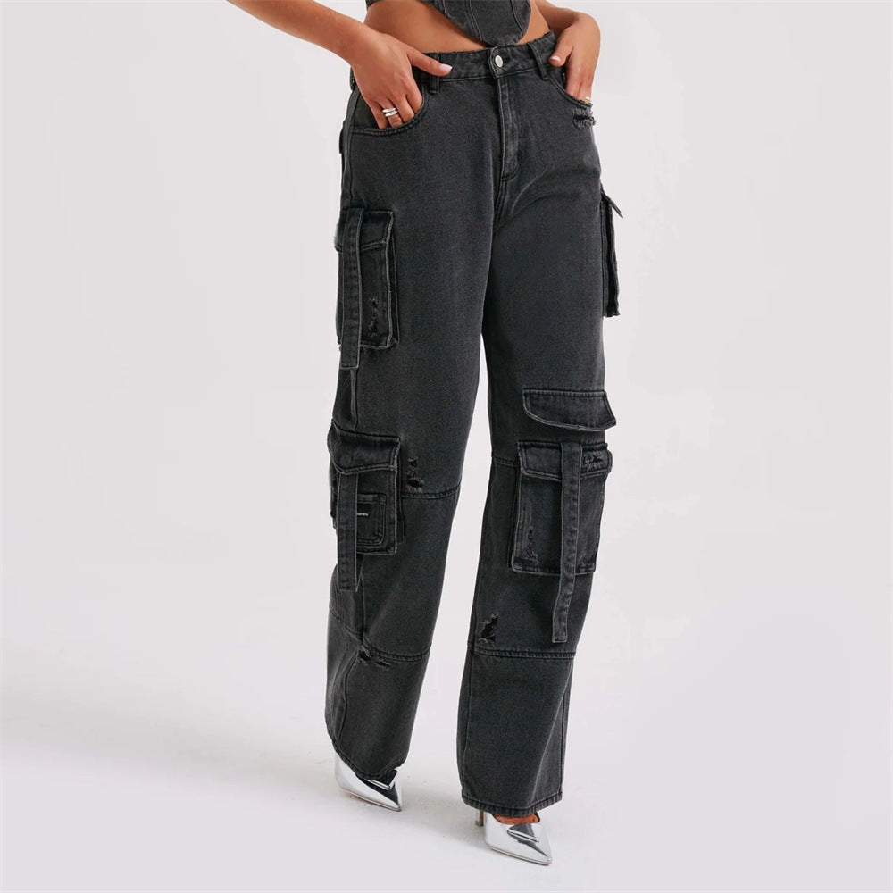 Jutta Jean Cargo Femme Pantalon Taille Haute avec Poches Utilitaires & Coupe Décontractée