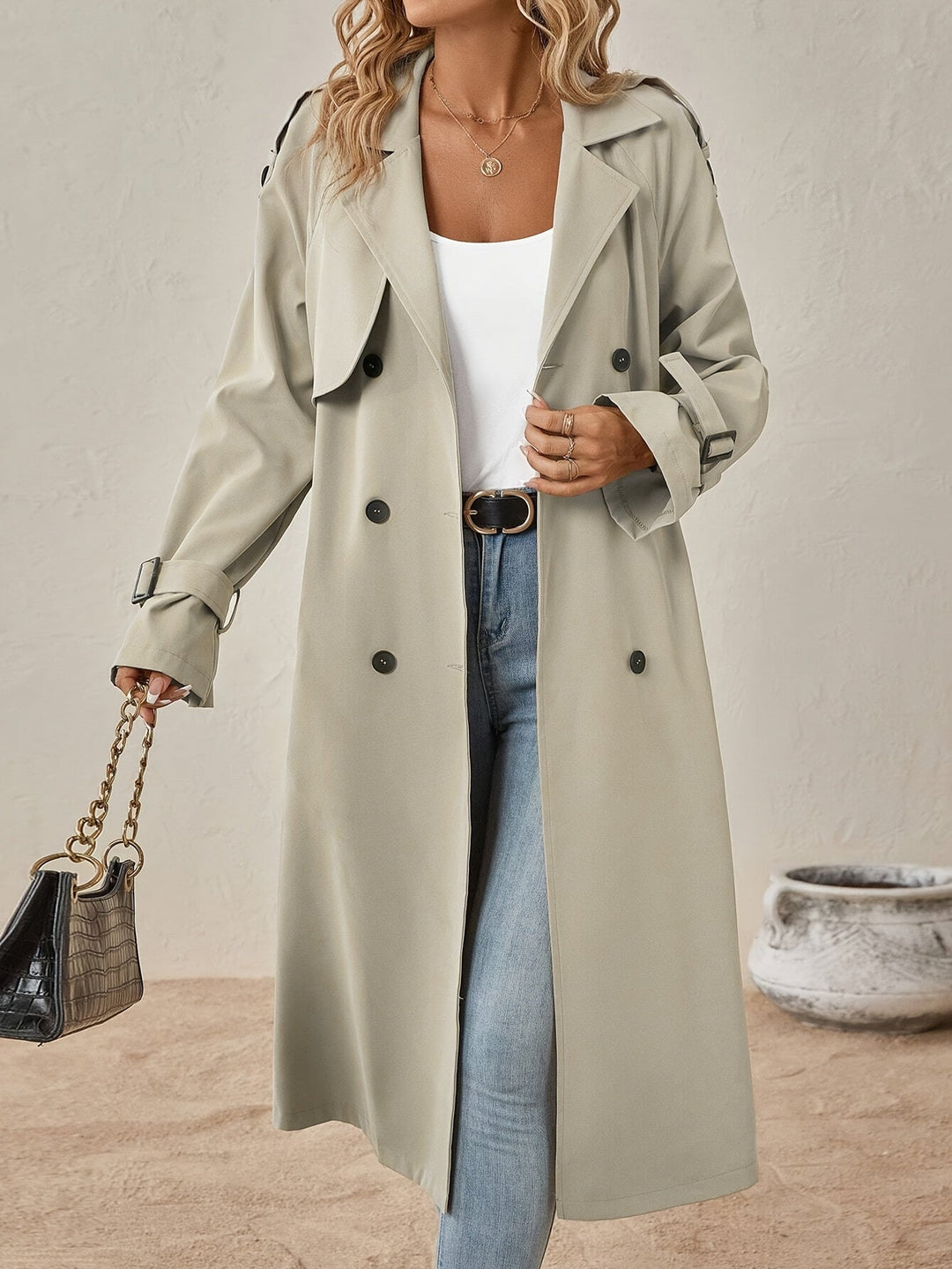 Eshita Trench pour femme Manteau long élégant en mélange de coton avec coupe structurée & fermeture à boutons