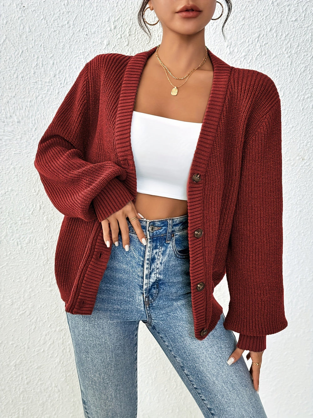 Gilet à Col en V Boutonné pour femme, vue 2