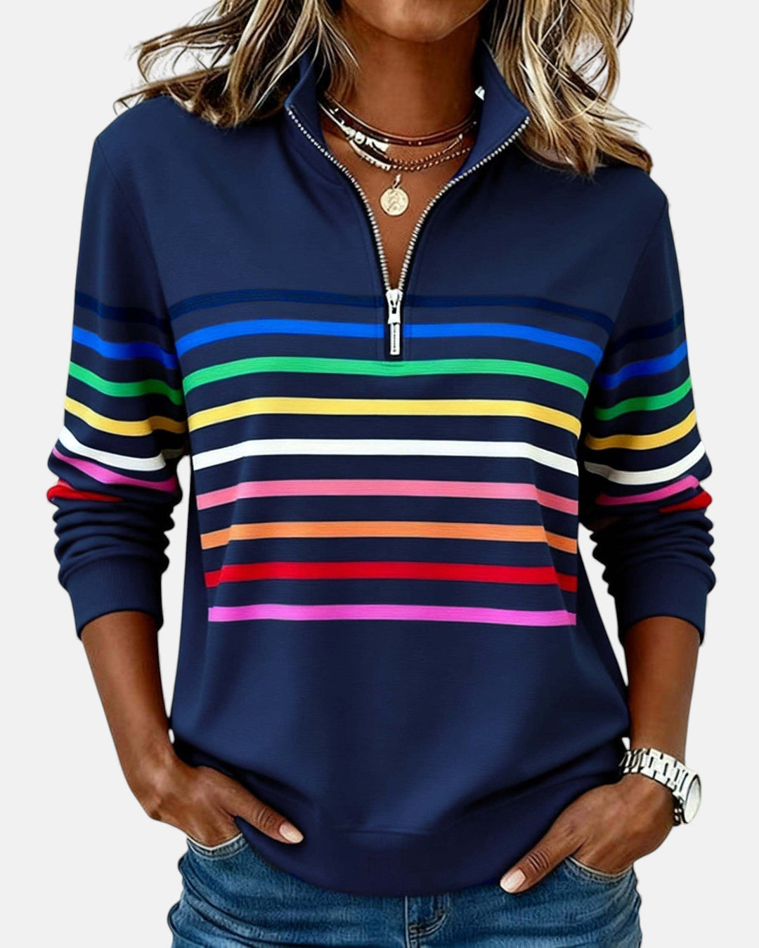 Pull Rayé à Fermeture Éclair pour femme, vue 3