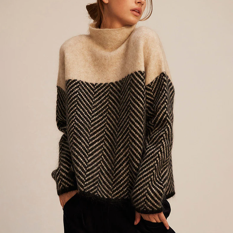 Arla Pull à Col Roulé pour Femme Pull en Cachemire Chaud avec Coupe Ample et Motif Chevron Tendance