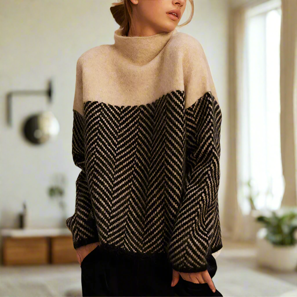 Stella Femme Pull Col Roulé Pull Chaud à Motif Chevron Élégant & Confortable pour Hiver