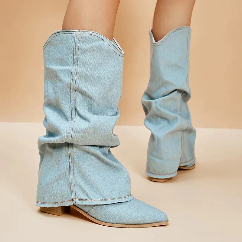 Leah Bottines Femme en Jean Style Western Tendance avec Tige Souple & Talon Bloc Bas