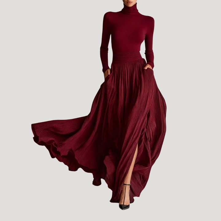 Women's Elegant Long-Sleeved Pleated Maxi Dress