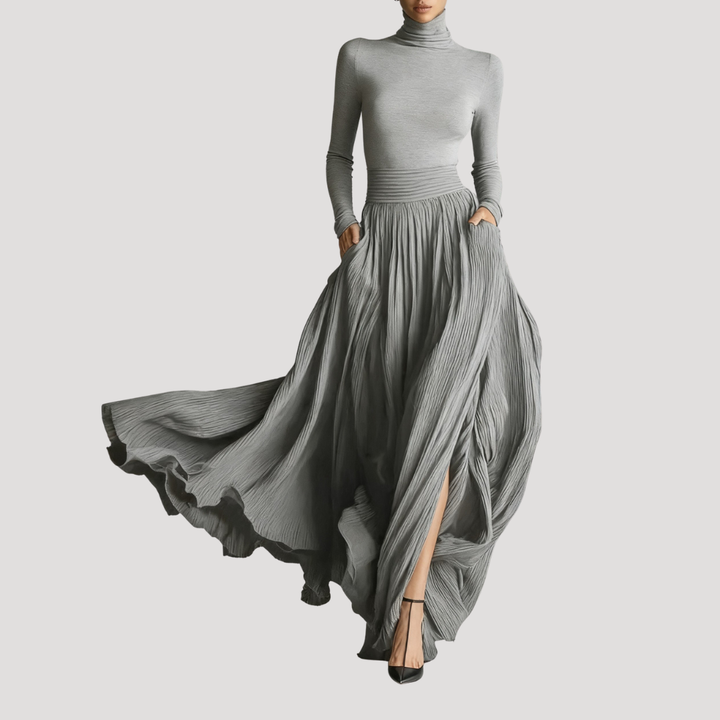 Women's Elegant Long-Sleeved Pleated Maxi Dress