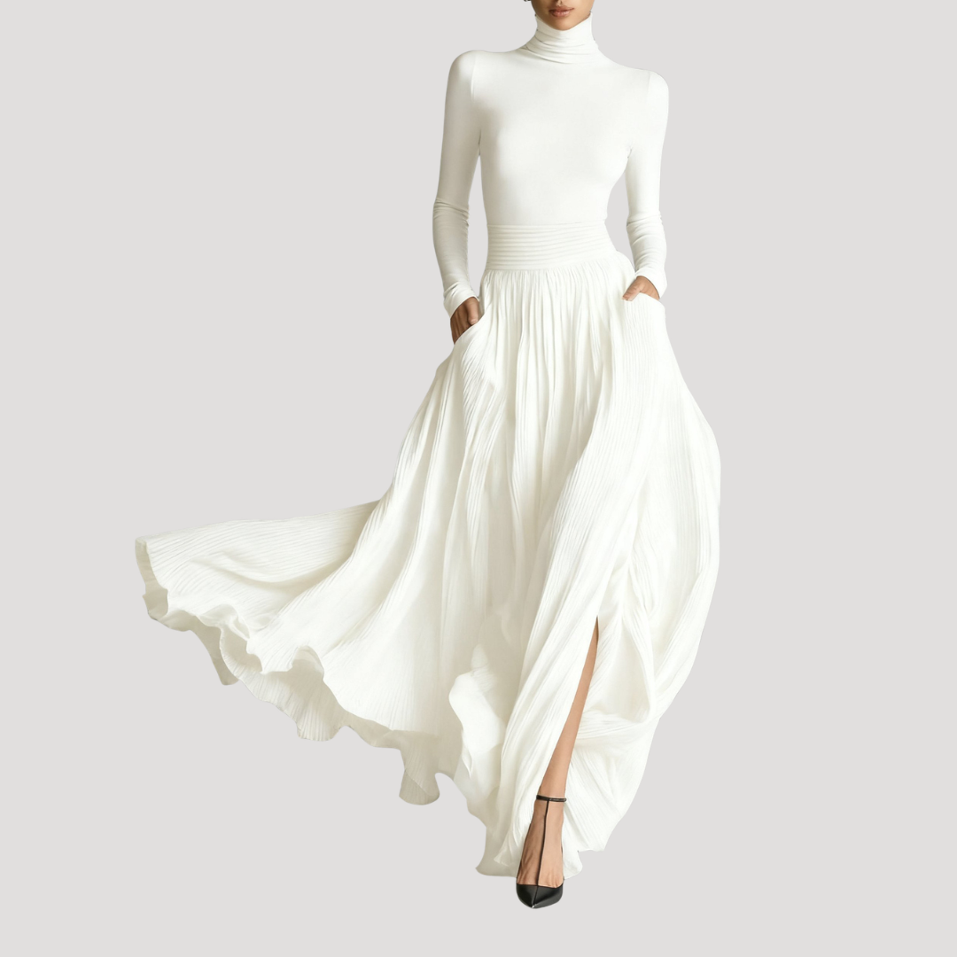 Women's Elegant Long-Sleeved Pleated Maxi Dress