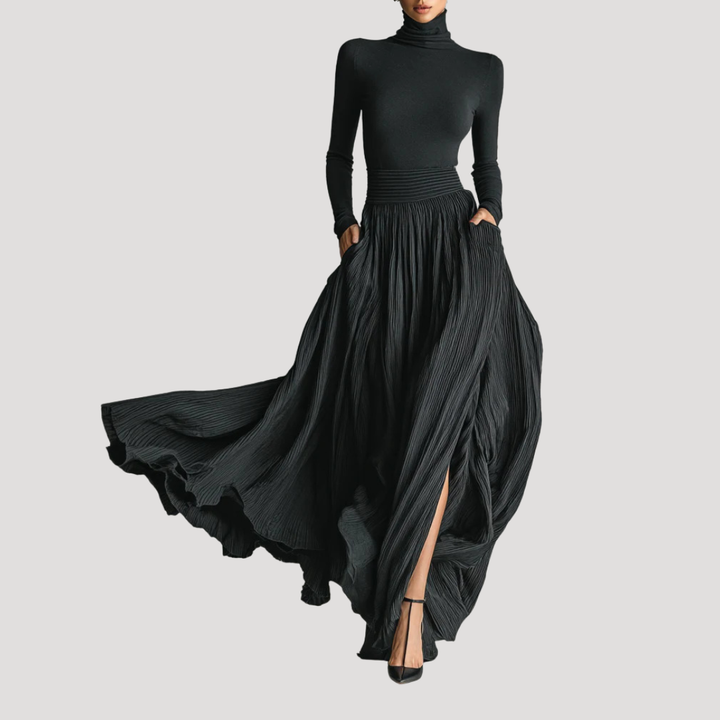 Women's Elegant Long-Sleeved Pleated Maxi Dress