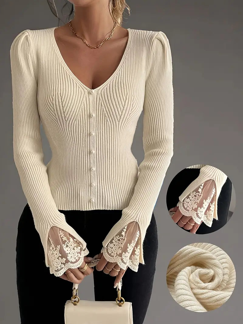 Pull à Col en V et Côtes pour femme, vue 2