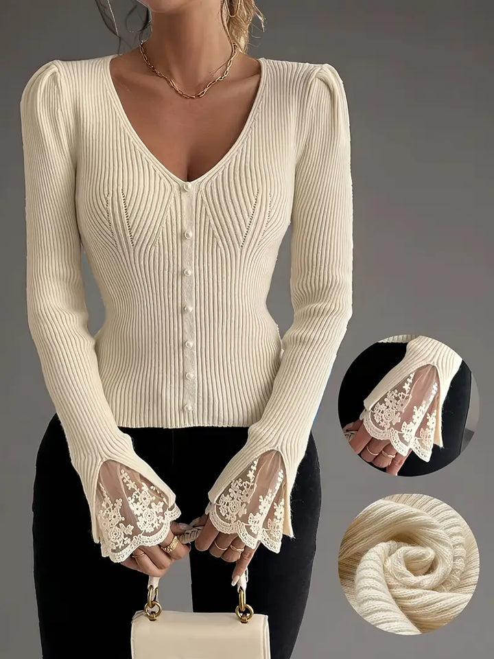 Pull à Col en V et Côtes pour femme, vue 2