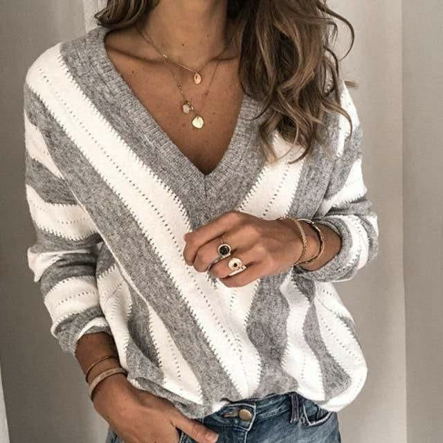 Pull Rayé Col V pour femme, vue 3