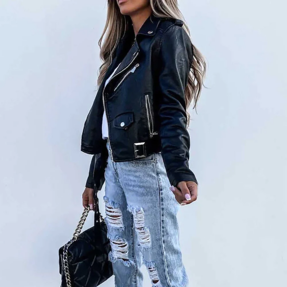 Eva Veste en Cuir Femme Cuir avec Col Montant, Ceinture & Design Élégant, vue 2