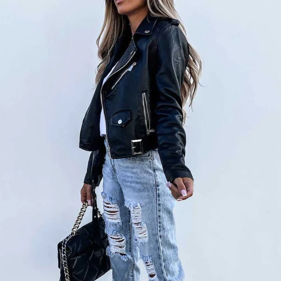 Eva Veste en Cuir Femme Cuir avec Col Montant, Ceinture & Design Élégant, vue 2