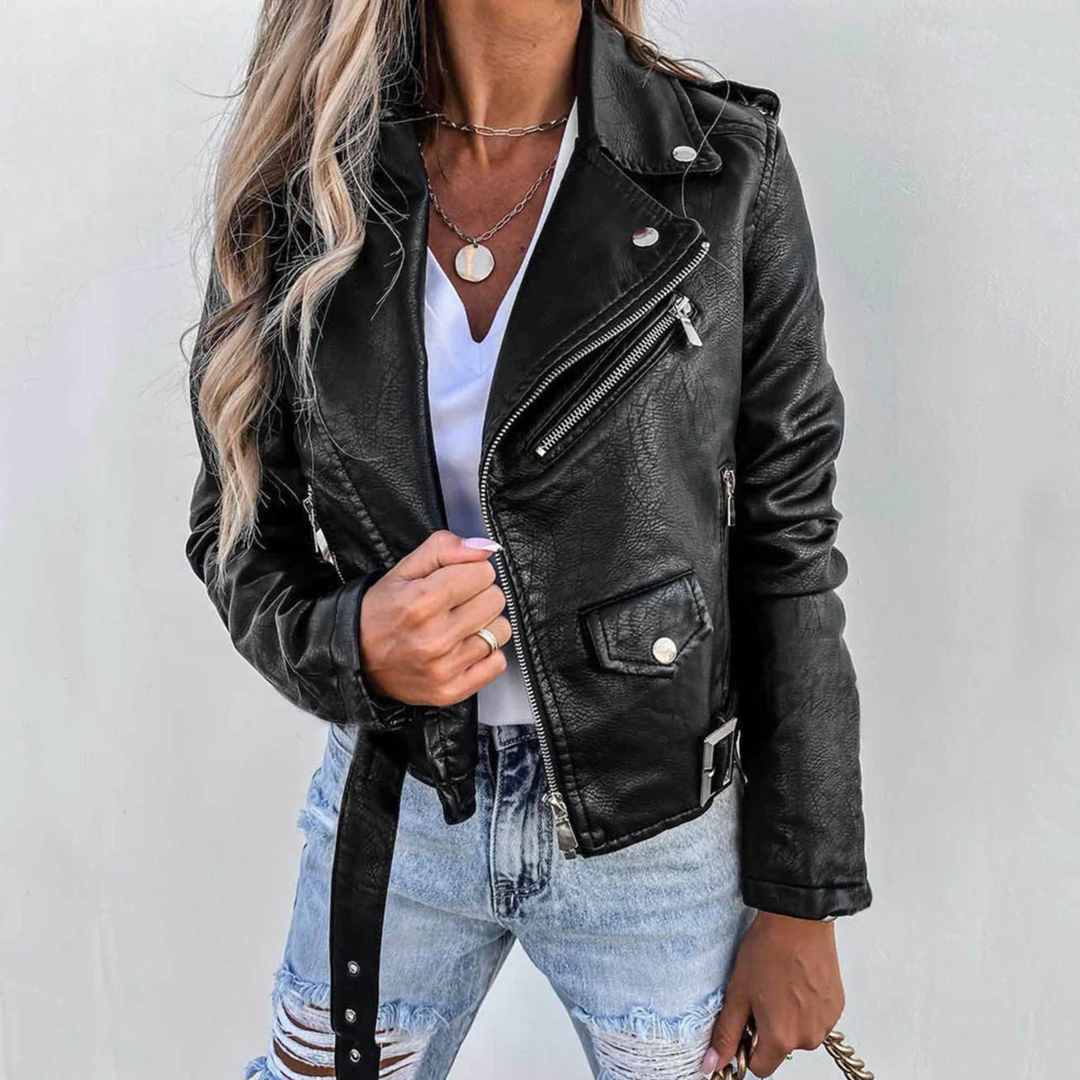 Eva Veste en Cuir Femme Cuir avec Col Montant, Ceinture & Design Élégant, vue 3