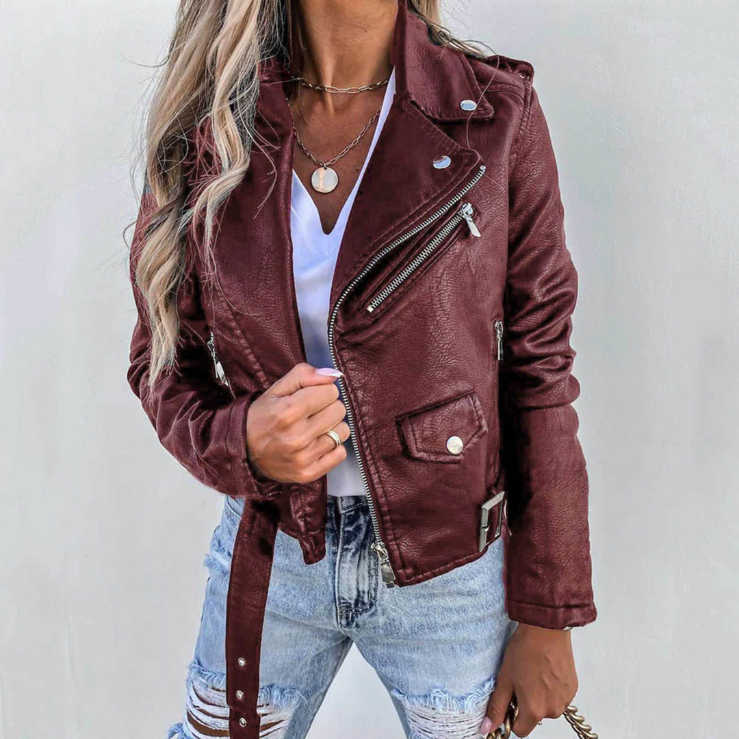 Eva Veste en Cuir Femme Cuir avec Col Montant, Ceinture & Design Élégant