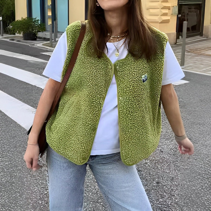 Gilet sans manches boutonné en laine d'agneau femme Doux, confortable et polyvalent