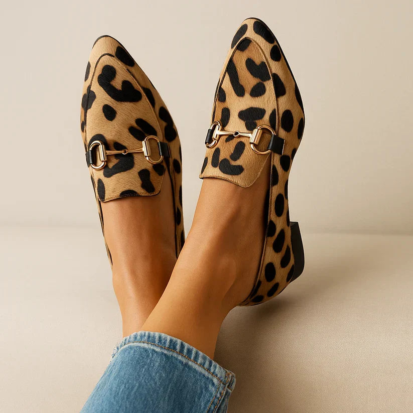 Eleanor Mocassins Femme Chaussures à Enfiler Imprimé Léopard avec Boucle Dorée & Confort Léger