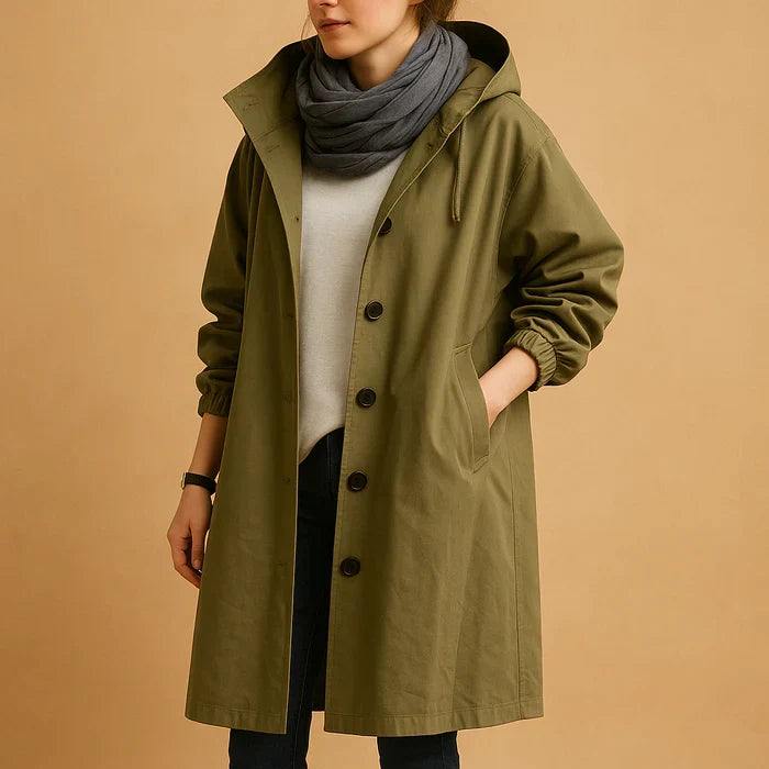 Hannah Manteau Femme Imperméable Veste de Pluie Longue à Capuche avec Poignets Ajustables & Fermeture à Boutons