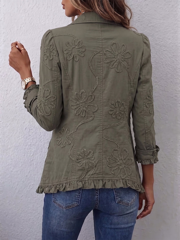 Veste Bohème Chic Brodée Femme – Veste Vert Olive à Finitions Volantées