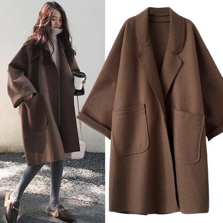 Megan Manteau Long Oversize Femme Manteau en Laine avec Ceinture & Double Boutonnage Élégant