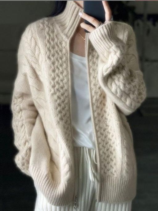 Adeline Gilet Zippé Femme à Col Roulé Maille Torsadée Chaude avec Coupe aux Hanches pour l’Automne/Hiver